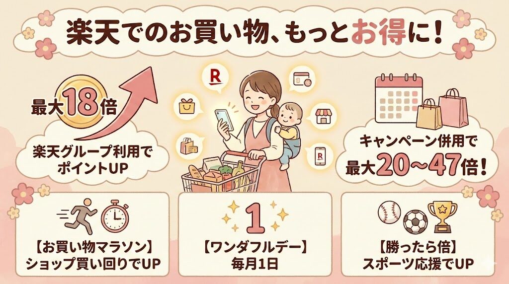 楽天市場での買い物は楽天グループを使えば使うほどポイントアップ