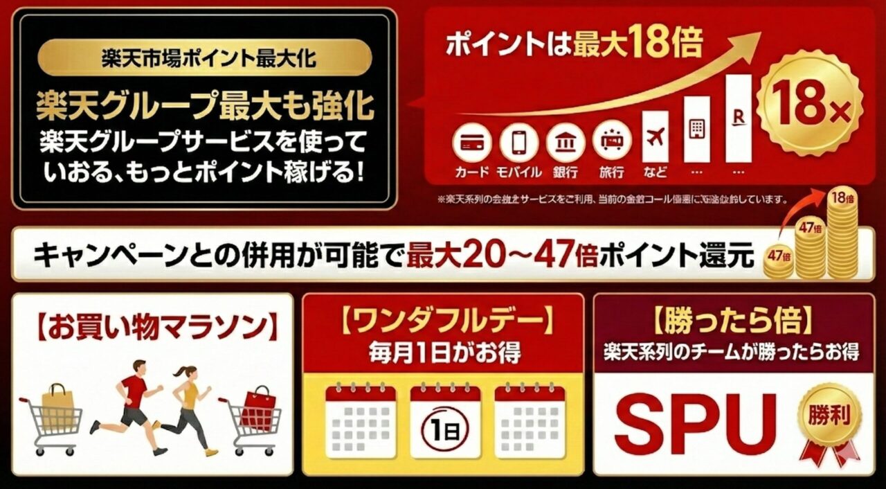 楽天市場での買い物は楽天グループを使えば使うほどポイントアップ