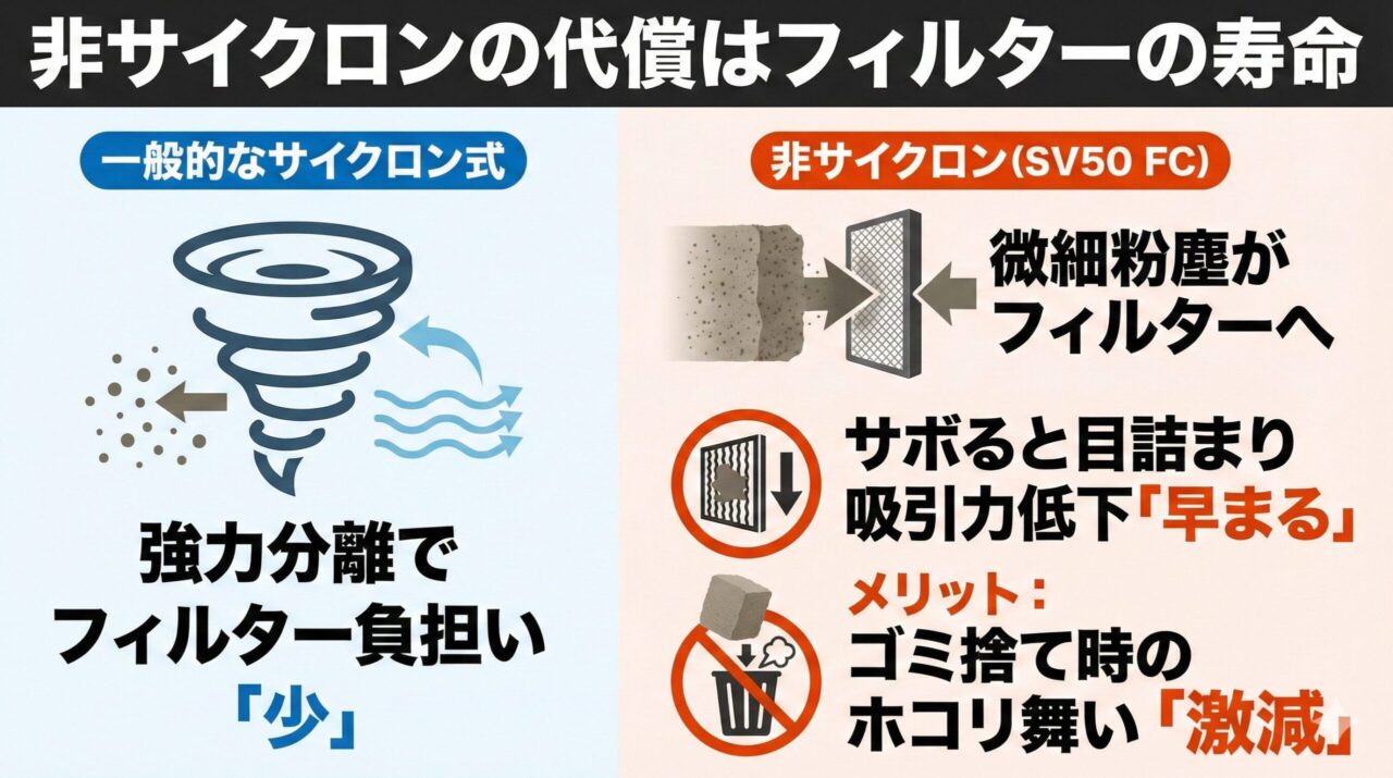 非サイクロンの代償はフィルターの寿命