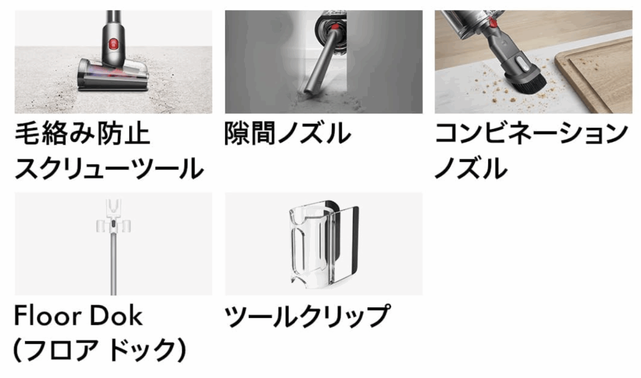 ダイソンの掃除機V12sDetect Slim Submarine(SV52 SU)の付属品一覧。毛絡み防止スクリューツール。隙間ノズル。コンビネーションノズル。自立式充電スタンド。ツールクリップ。