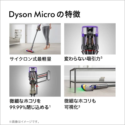 Dyson Microの特徴。サイクロン式最軽量。変わらない吸引力。微細なホコリも可視化。