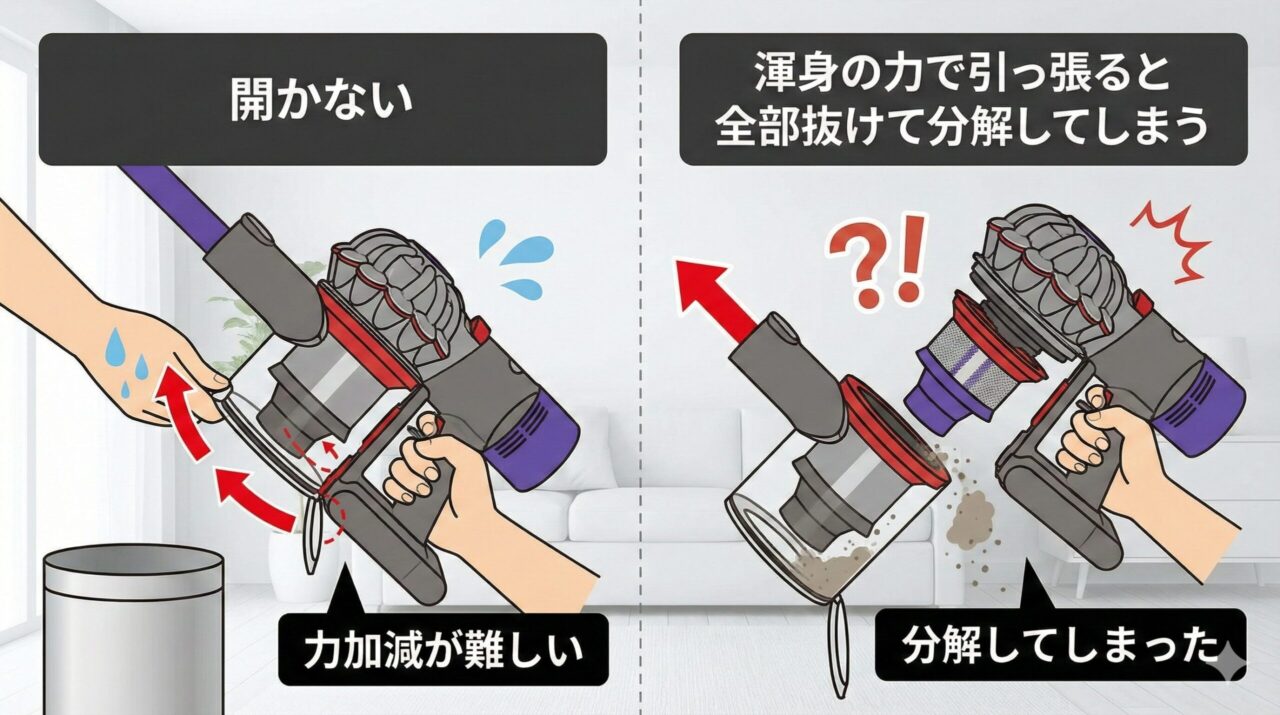 ダイソンのV8 Slim Fluffyはゴミ捨ての蓋を開ける時の力加減が難しい