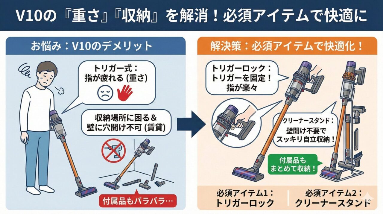 V10のデメリット「重さ」と「収納」を解消する必須アイテム