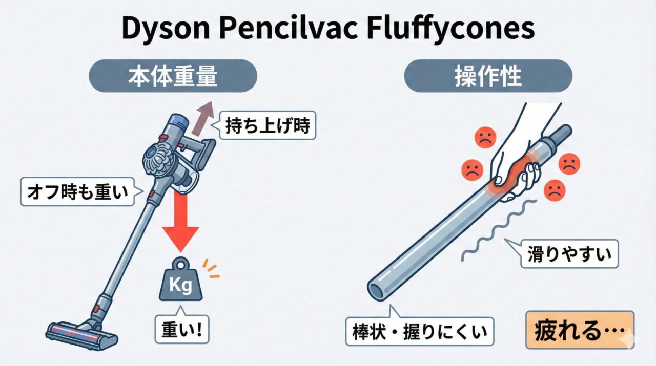 Dyson Pencilvac Fluffyconesは本体重量と操作性(持ち手が握りにくい)
