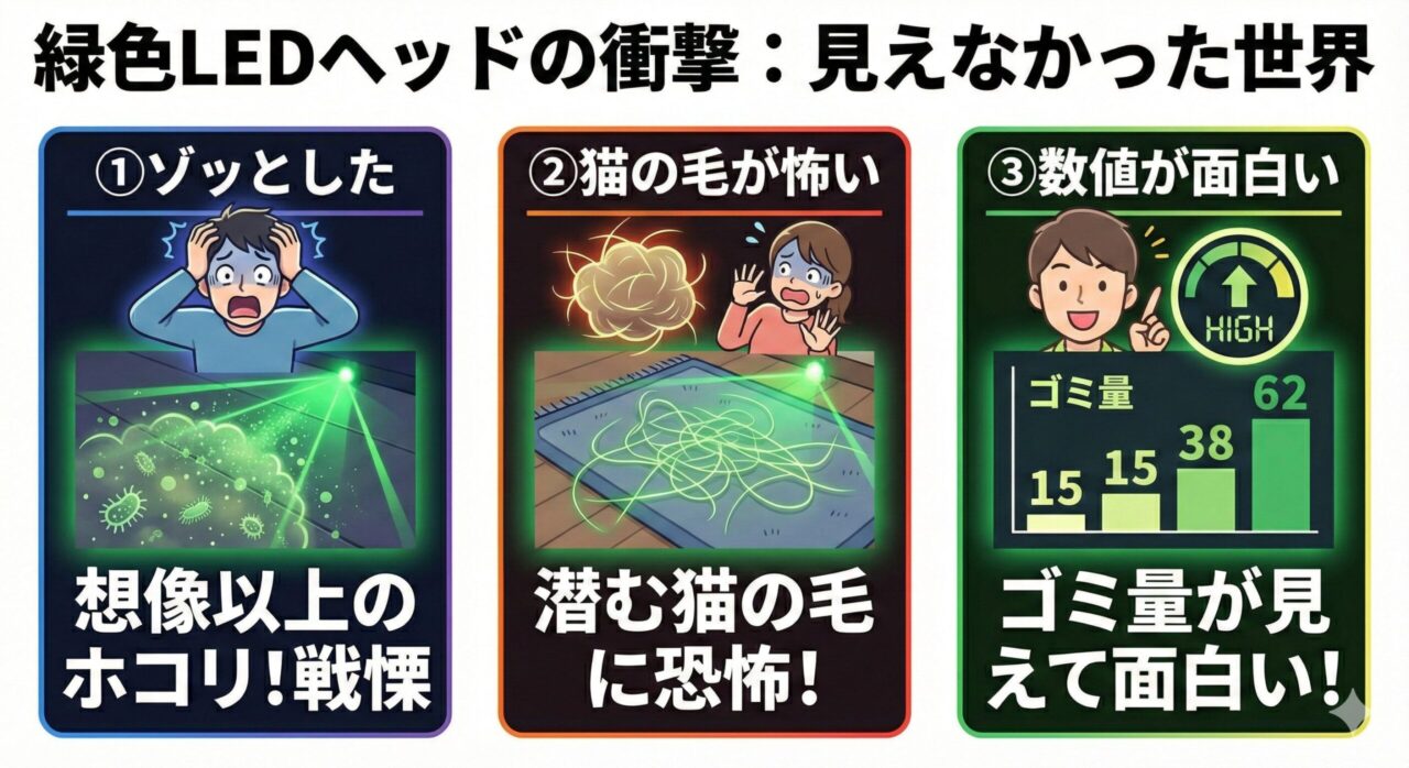 ダイソンSV46ABLのLEDヘッドで見えなかった世界位が見える。
