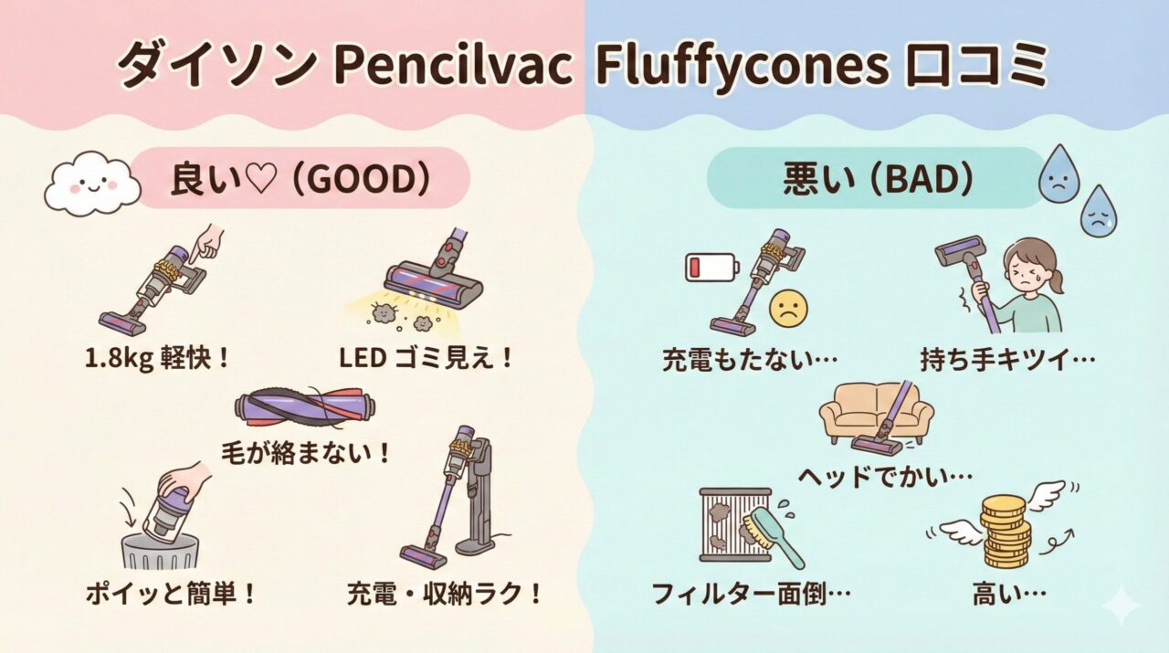 ダイソン Pencilvac Fluffycones(ペンシルバック フラフィコーンズSV50FC)の口コミ