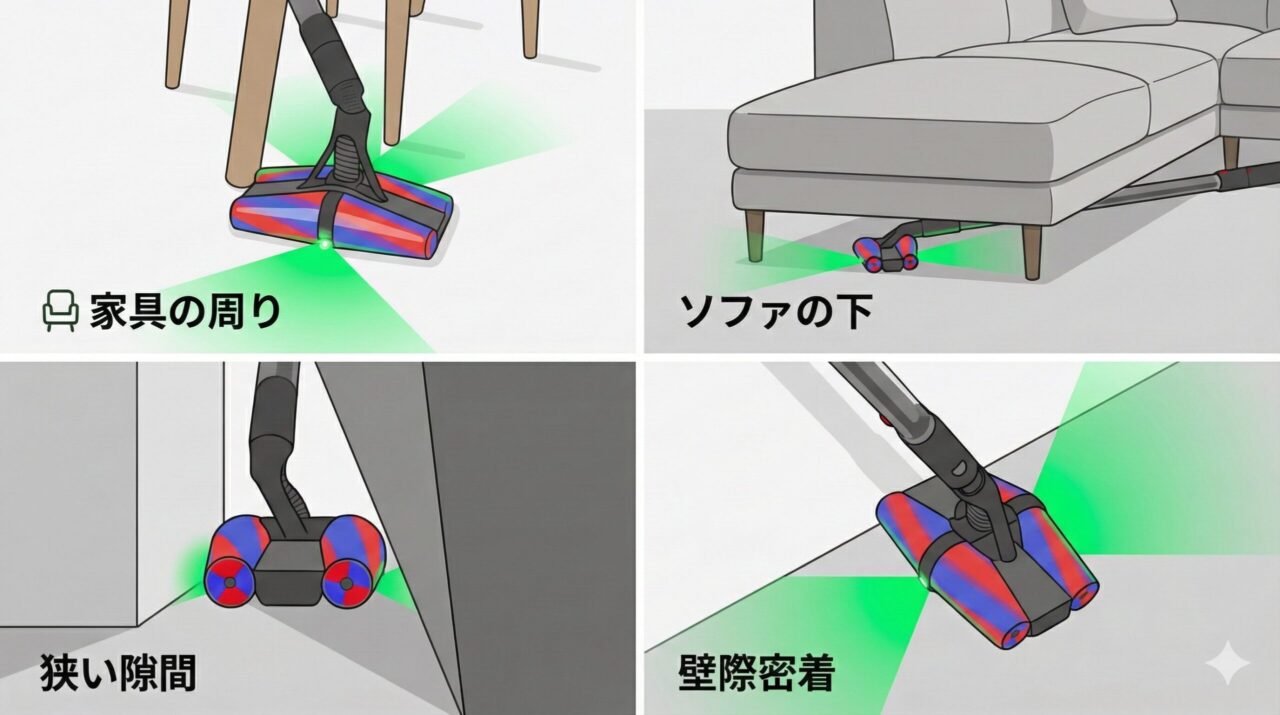 Dyson Pencilvac Fluffyconesは入り組んだ家具の周り・家具下の奥深いスペース・狭い隙間・ブラシが壁に密着