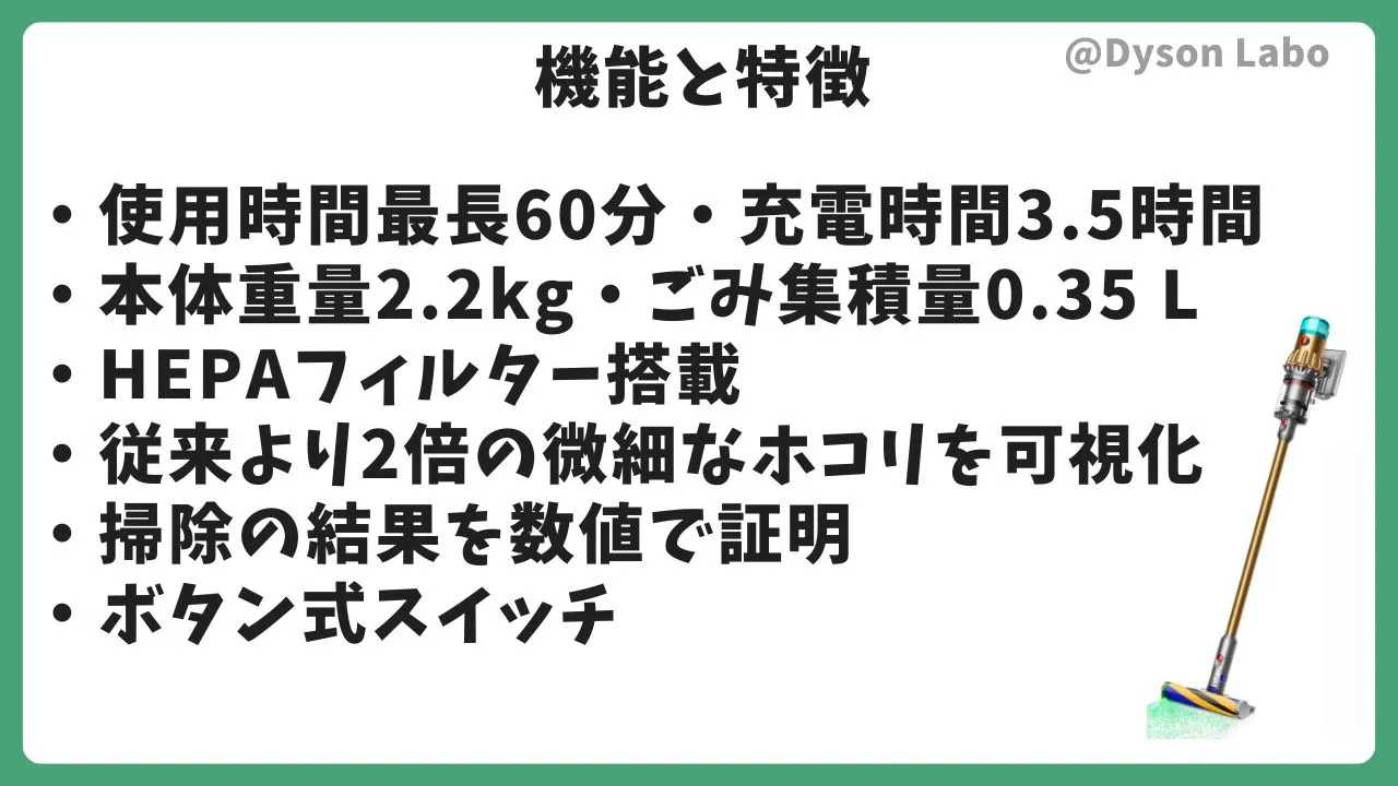 ダイソンSV46ABLの機能と特徴。
使用時間最長60分・充電時間3.5時間・本体重量2.2kg・ごみ集積量0.35 L。HEPAフィルター搭載。従来より2倍の微細なホコリを可視化。
掃除の結果を数値で証明。ボタン式スイッチ。
