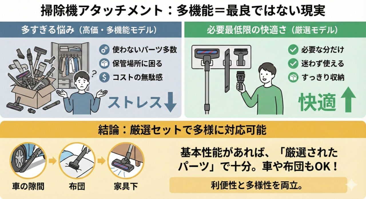 ダイソンV8 originは付属のアタッチメントは使い勝手がよく必要最低限のパーツがセットされていて良い