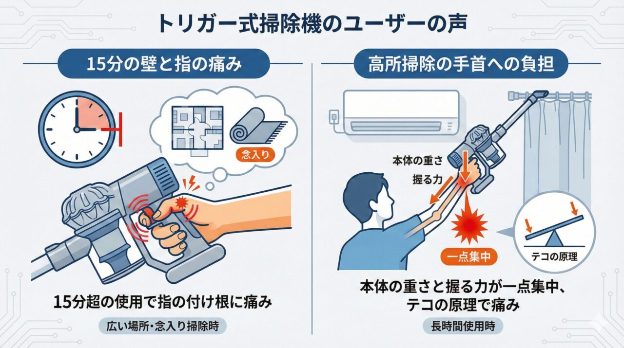 ダイソンのトリガー式掃除機を15分以上使用すると、人差し指と手首に負担がかかる