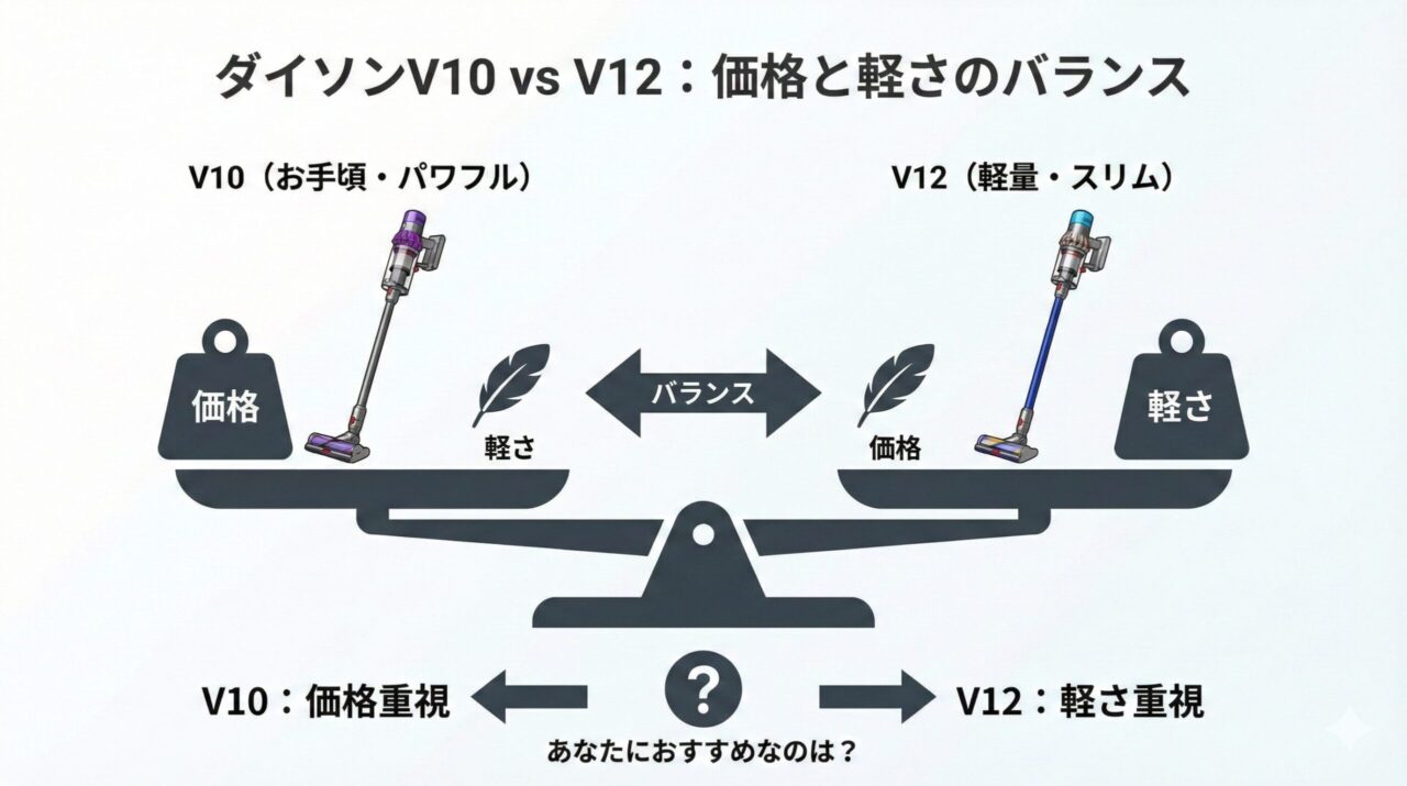 V10とV12、最大の違いは「価格」と「軽さ」のバランスです。