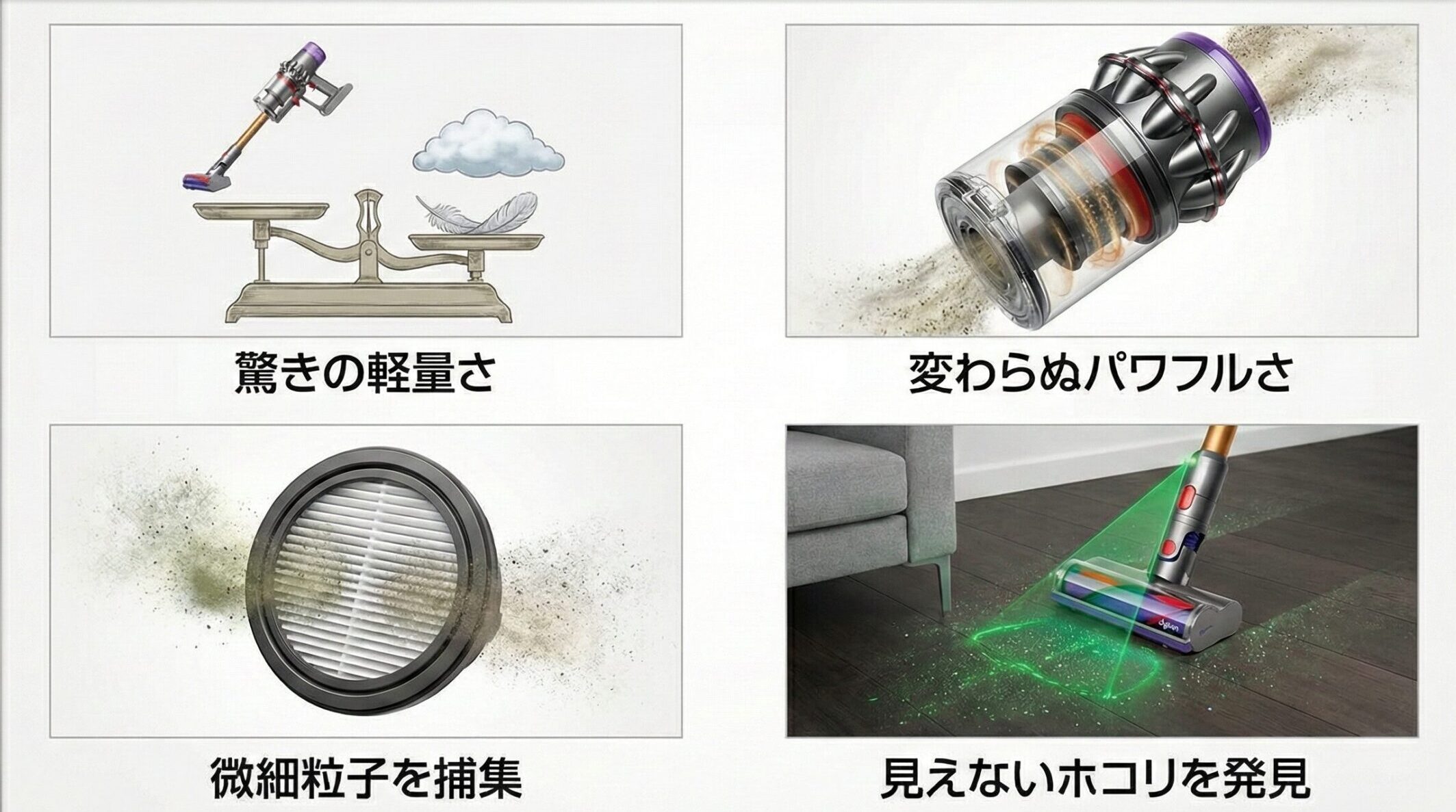Dyson Microの特徴。サイクロン式最軽量。変わらない吸引力。微細なホコリも可視化。