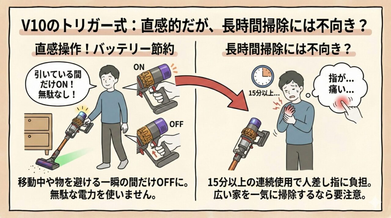 V10のトリガー式：直感的だが、長時間掃除には不向き？