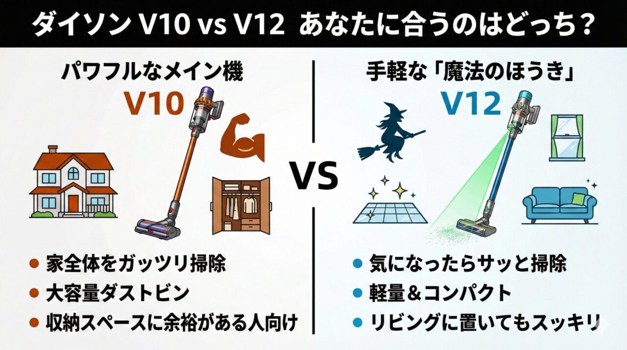 掃除スタイルで比較：メイン機(V10)かサブ機(V12)か
