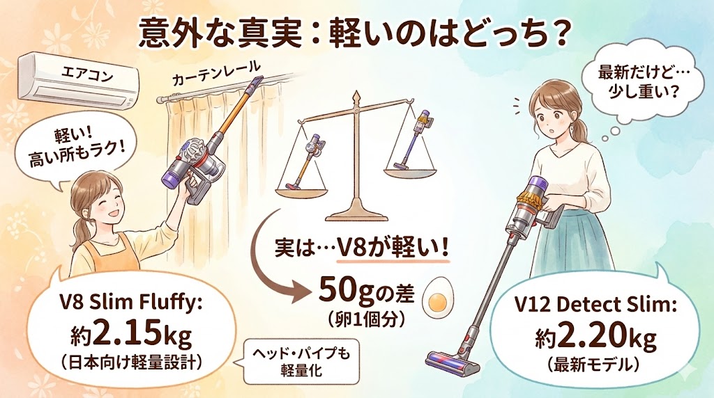 本体の重量は実はV8 Slimの方が軽い