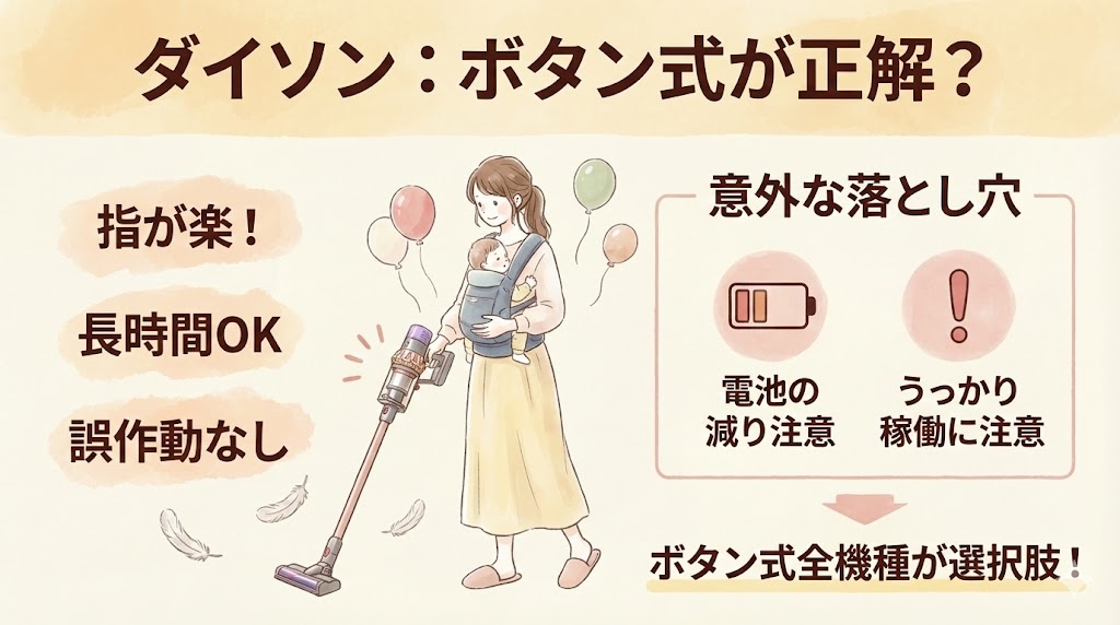 ダイソン「トリガー式じゃない」が正解？ボタン式全機種と意外な落とし穴