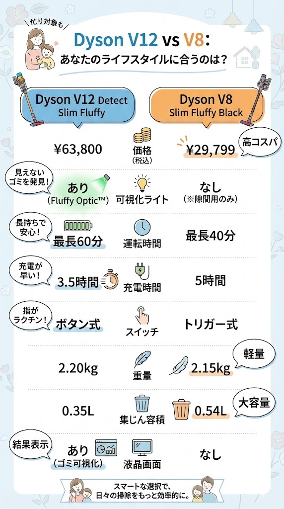 ダイソンV8はコスパ重視・V12は快適さ重視の人におすすめのまとめ