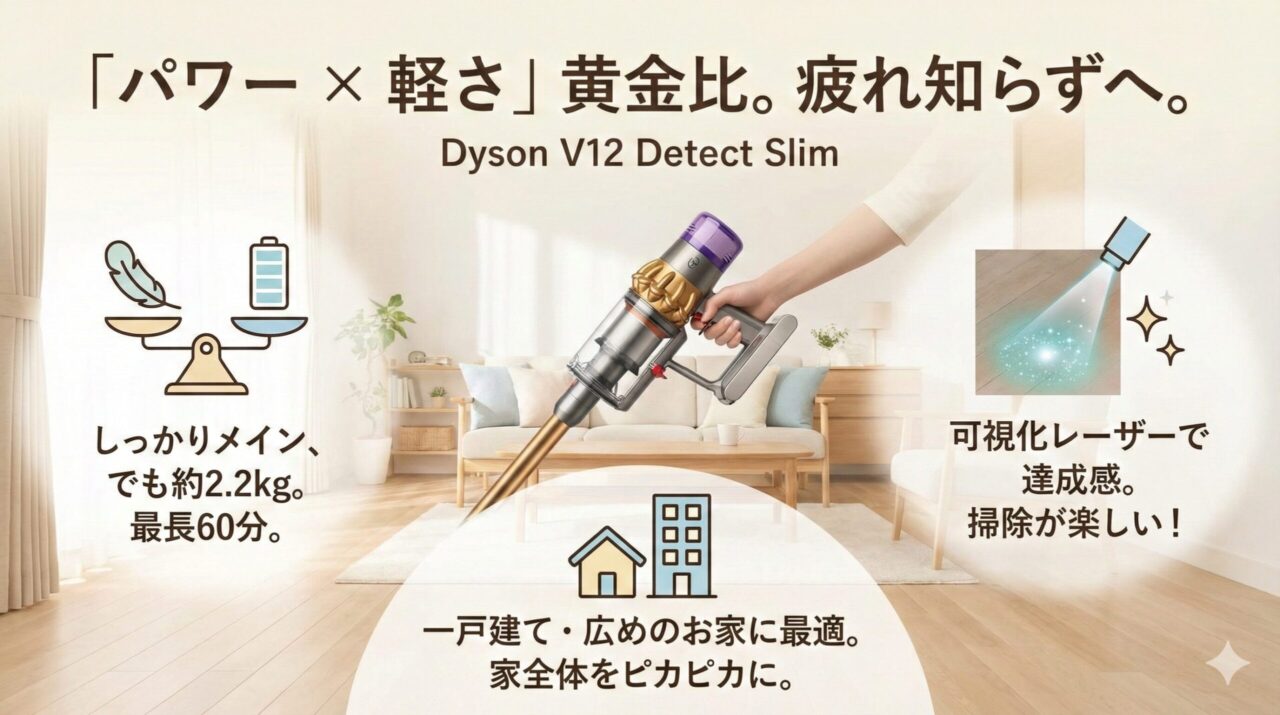 「パワー」と「軽さ」のバランス重視で、疲れずに掃除したい ▶︎Dyson V12 Detect Slim