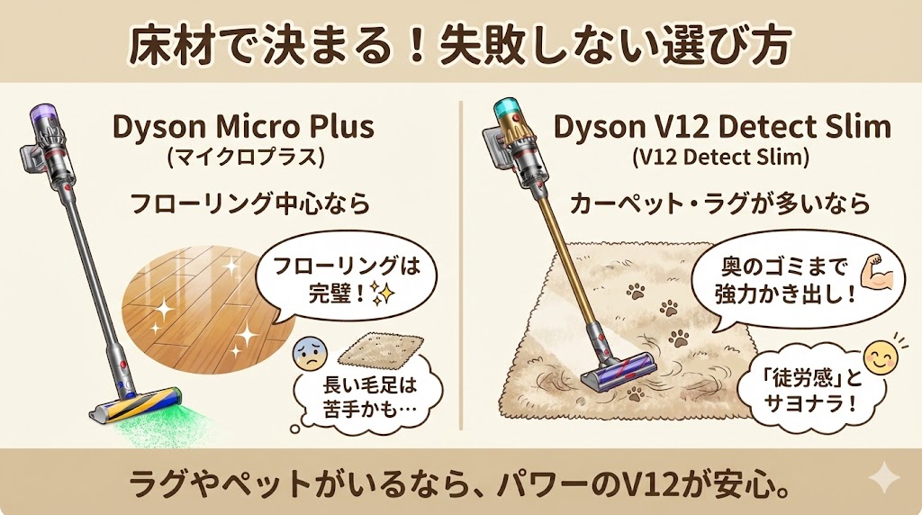 Dyson Micro Plus（マイクロプラス）・V12の床材による掃除の違い