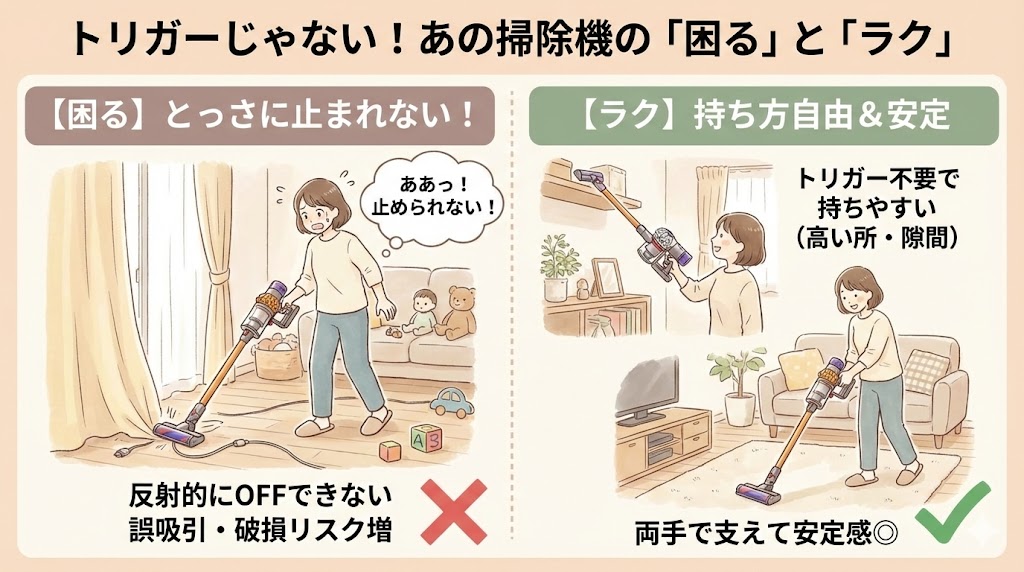 ダイソンのトリガー式じゃないモデル「ボタン式」の3つのデメリット。危ないと思ったときに止まらない