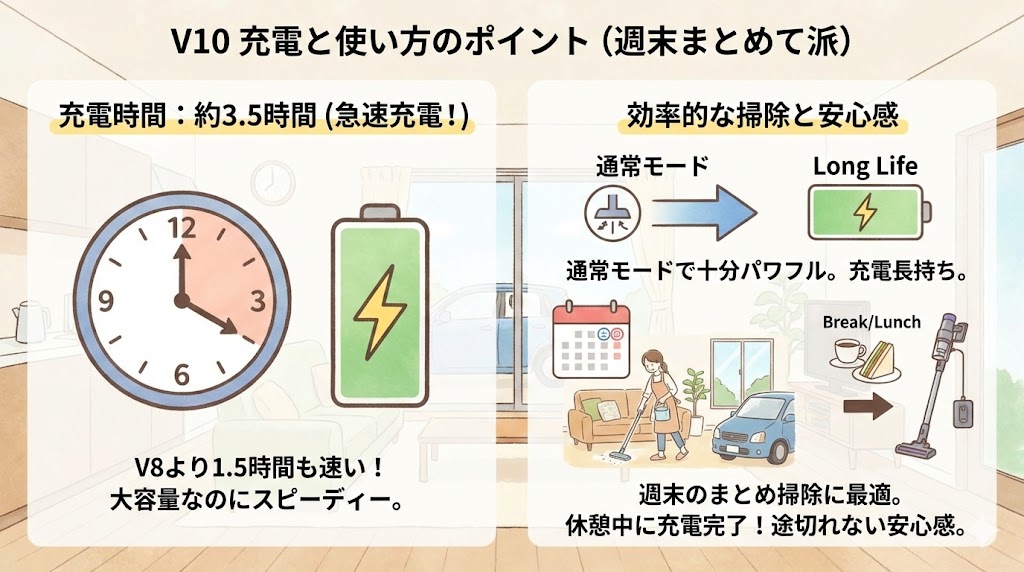 ダイソンV10の充電時間は3.5時間