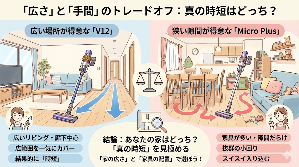ダイソンMicroPlusとV12の「広さ」と「手間」のトレードオフ