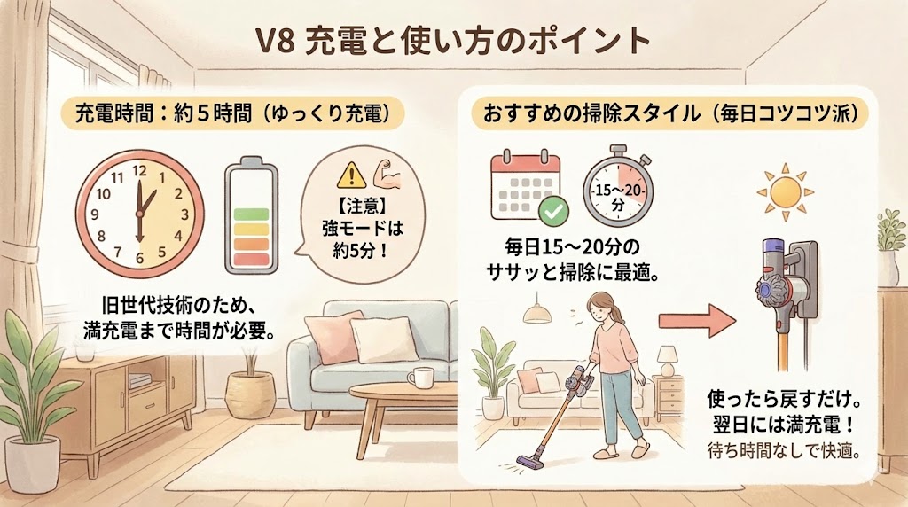 ダイソンV8の充電時間は5時間