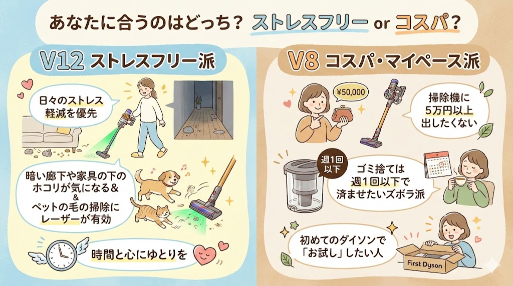 ダイソンV8とV12あなたに合う掃除機はどっちか一覧表