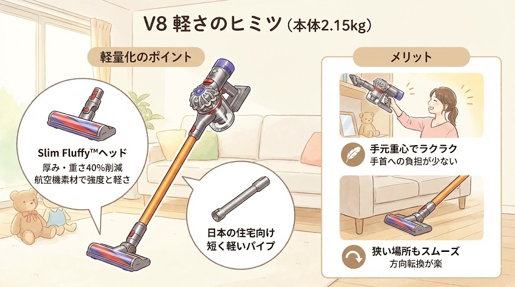 V8は本体質量が2.15kg