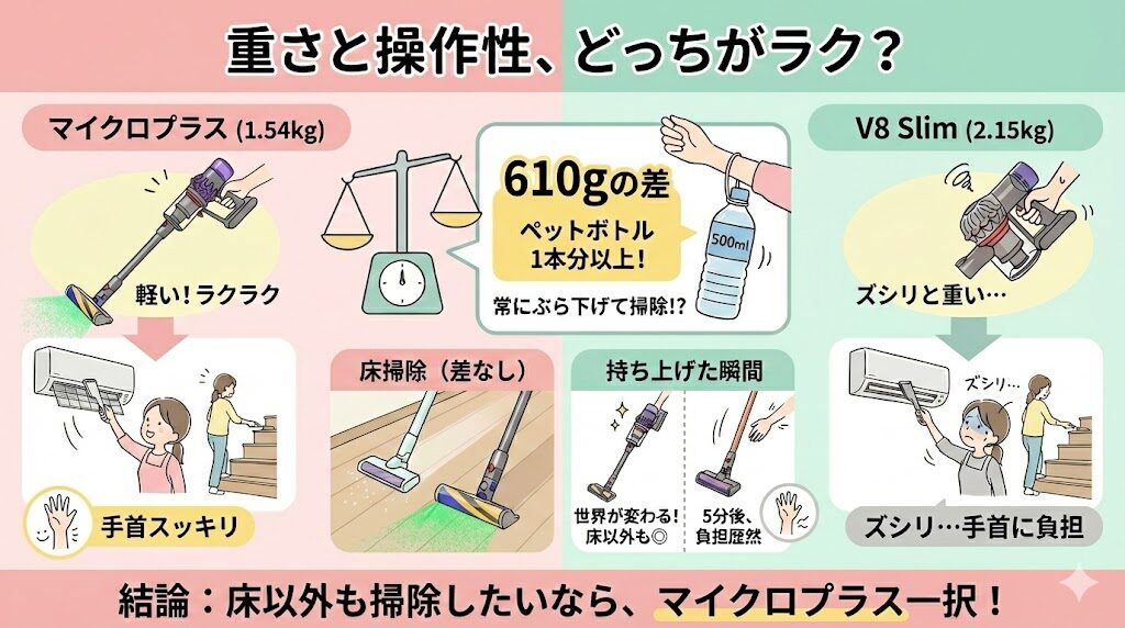 【マイクロプラスとV8の重さと操作性】「610gの差」はペットボトル1本分以上｜マイクロが軽い