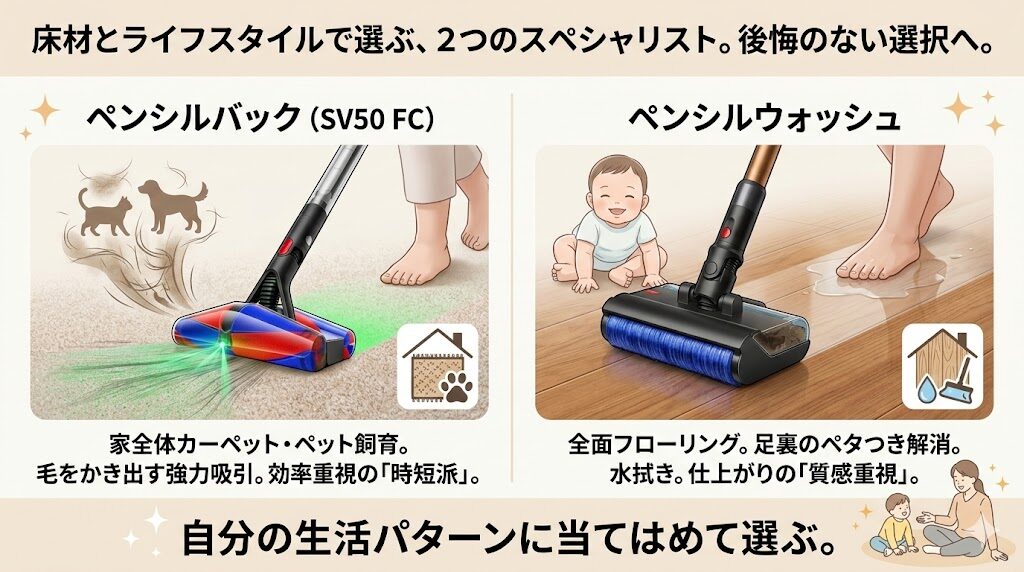 最長30分連続で動き、広範囲を一気に掃除できるペンシルバック(SV50 FC)