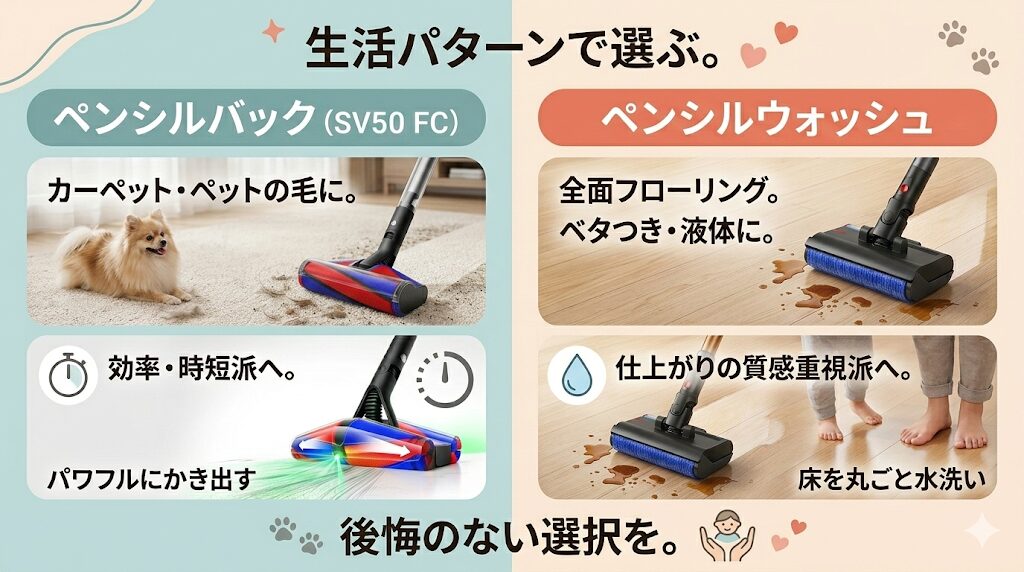 ライフスタイルに合わせたペンシルウォッシュとペンシルバック(SV50 FC)の選びかた