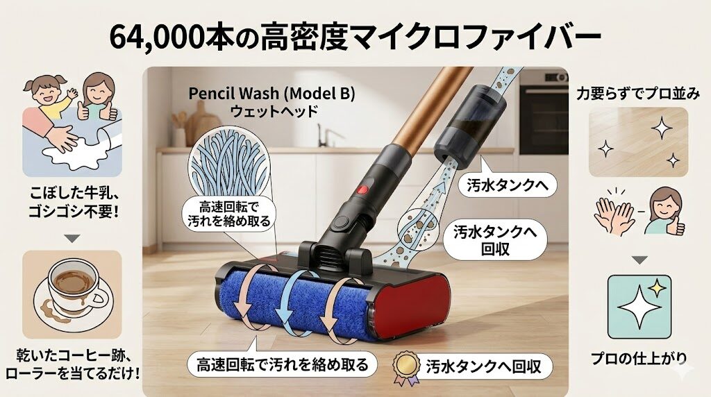 1平方cmあたり64000本のマイクロファイバーが織り込まれ汚れを絡め取るペンシルウォッシュ