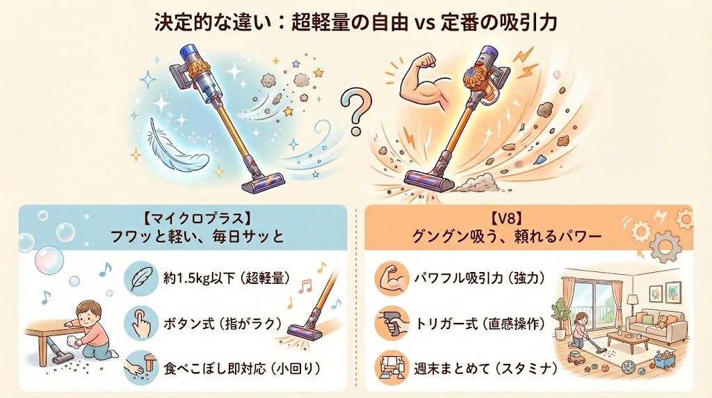 ダイソンのマイクロプラスとV8の7つの決定的な違いを徹底解説