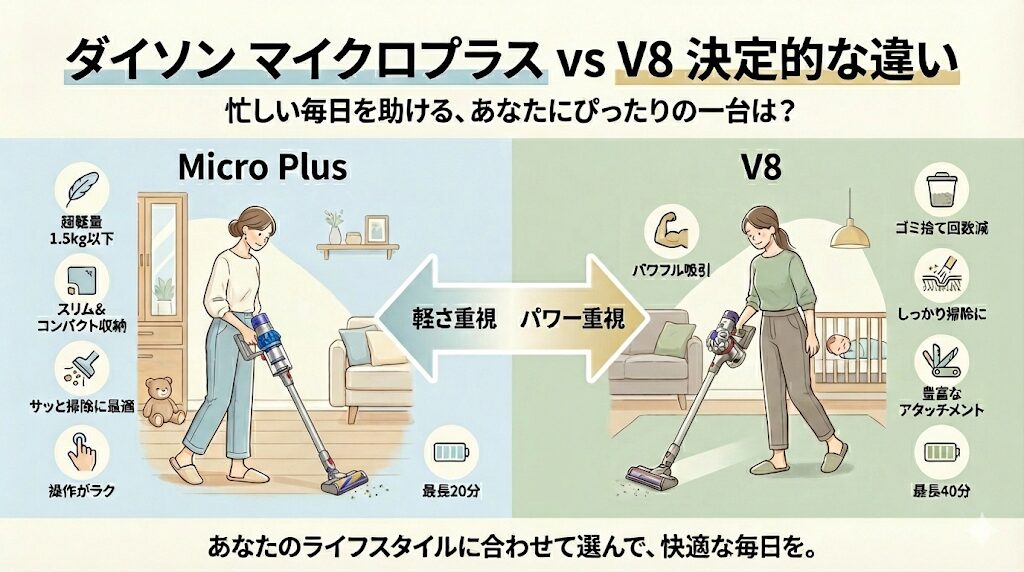 ダイソンマイクロプラスとV8の違い｜スペック表にはのらない「3つの真実」