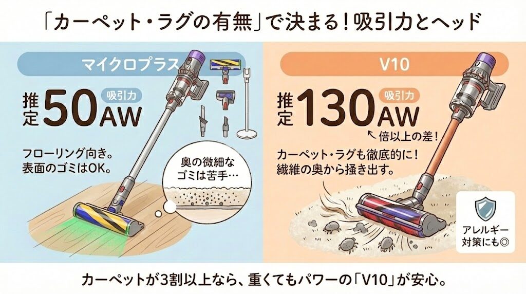 【吸引力とヘッド】カーペット・ラグの有無で決まる