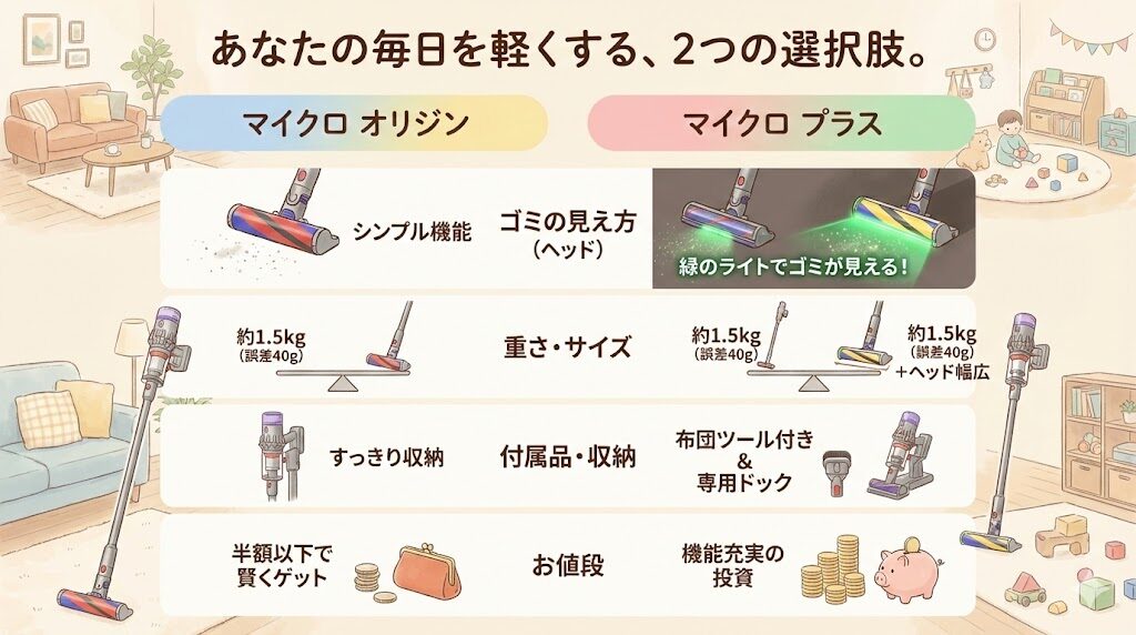 【基本性能】マイクロオリジンとプラスの違い|吸引力・モーター・充電時間は全く同じ