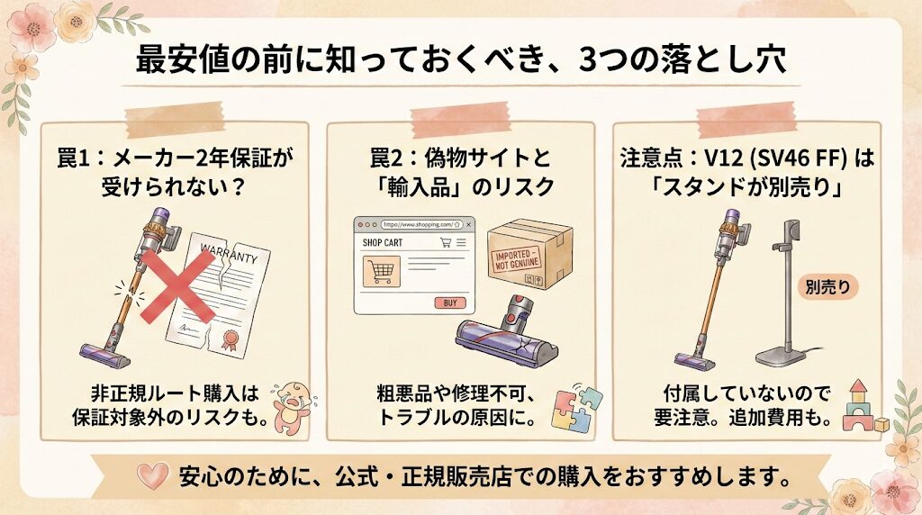 ダイソンV12(SV46 FF)を最安値で買う前に知っておくべき3つの注意点