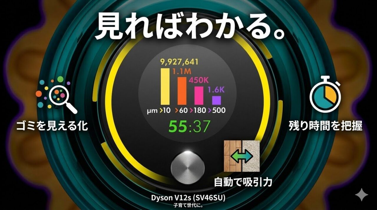 V12s（SV46SU）の吸引力の調節・ゴミの量・残りの運転時間が液晶ディスプレイで確認できる