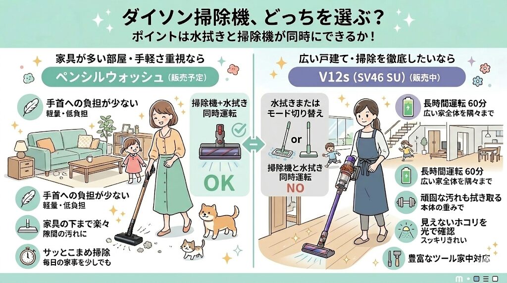 まとめ：ダイソンのペンシルウォッシュとV12s（SV46 SU）の違いは水拭きと掃除機が同時にできるかどうか