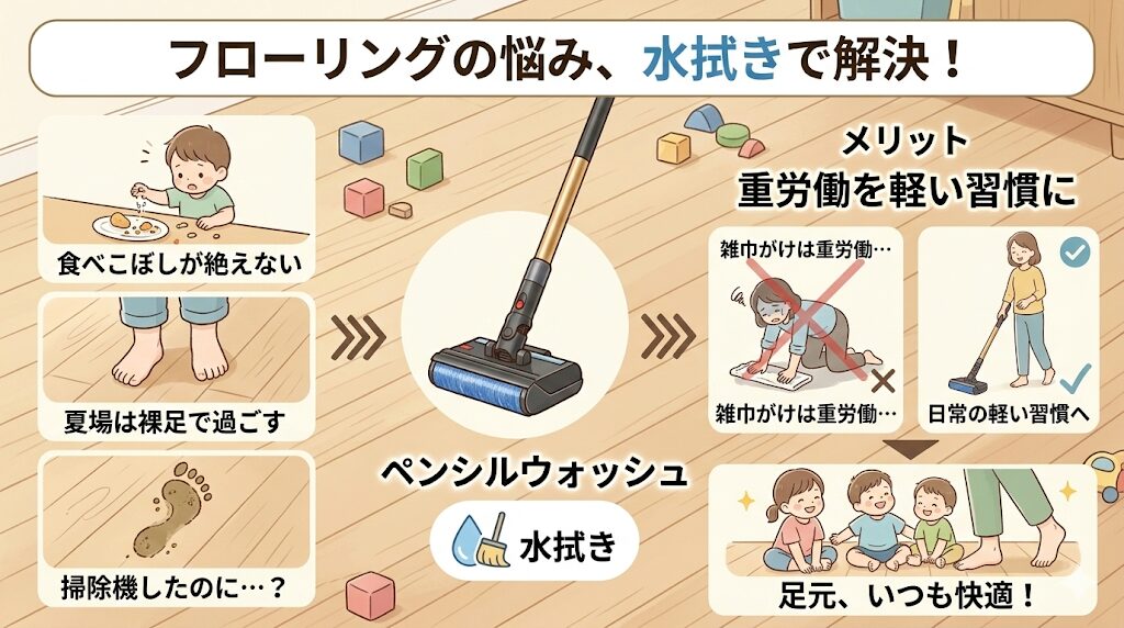 フローリングの裸足汚れを解消したいならペンシルウォッシュを導入すべき