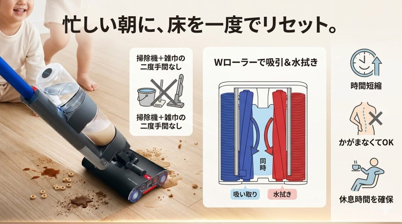 ダイソンのウォッシュG1は食べこぼしや泥汚れを一度に除去するローラー
