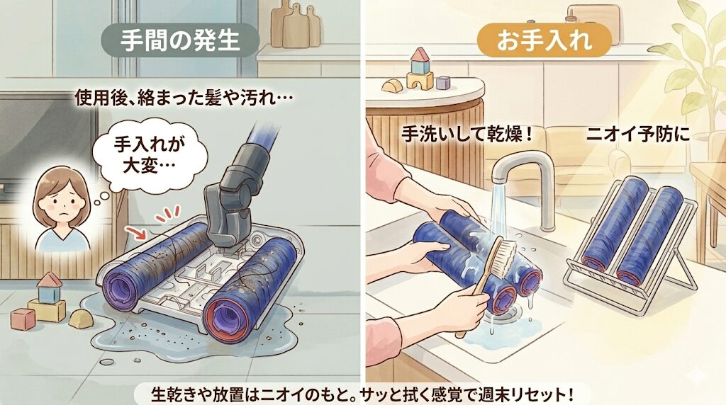 ダイソンウォッシュG1｜ローラーの手洗いや乾燥の手間がかかる