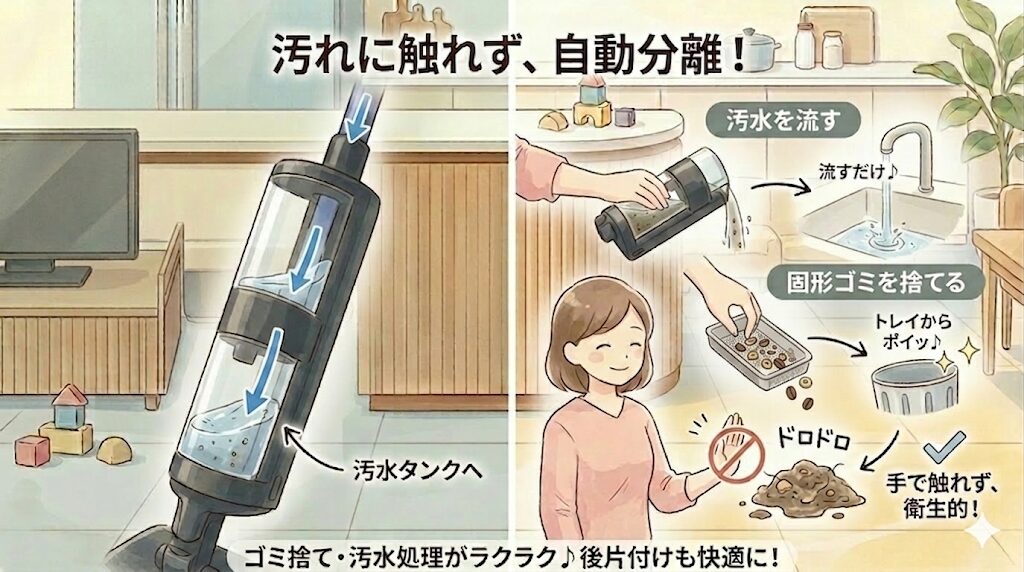 ダイソンウォッシュG1｜ゴミと汚水が自動分離され捨てるのも衛生的