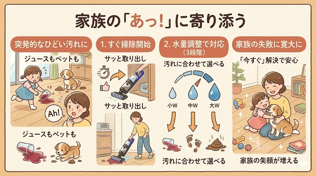 ダイソンウォッシュG1｜突発的なひどい汚れにすぐ対応できる