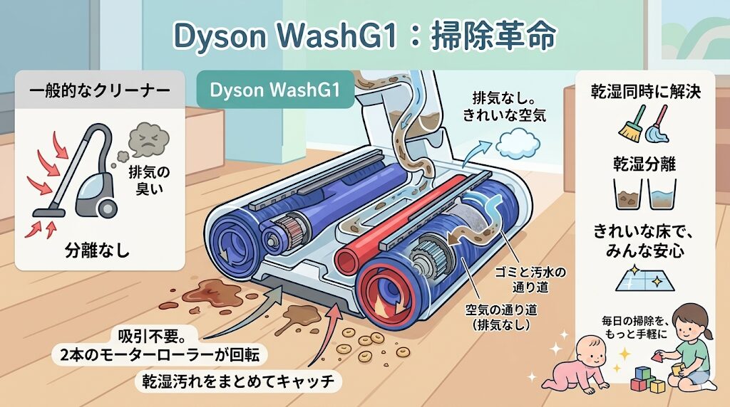 ダイソンウォッシュG1｜吸引と水拭きの同時進行で大幅な時短に