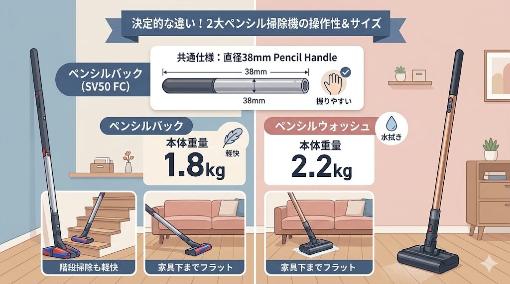操作性とサイズの決定的な違い！ペンシルバック(SV50 FC)とペンシルウォッシュの使い勝手
