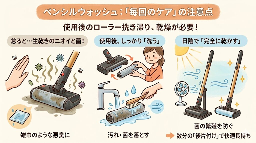 使用後のローラー洗浄と乾燥が欠かせないペンシルウォッシュの注意点