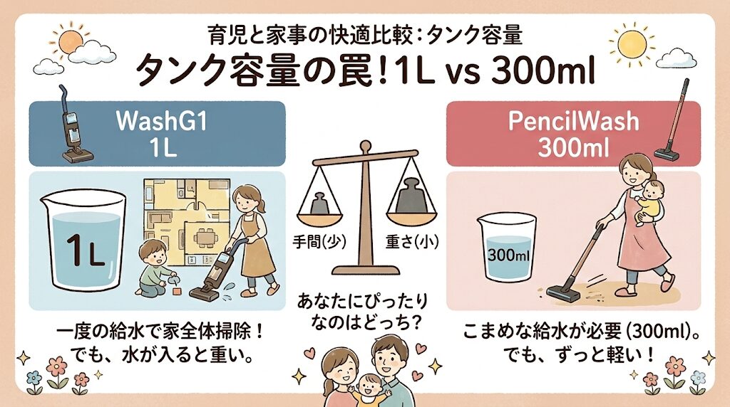 WashG1の1Lとペンシルウォッシュの300ml｜途中給水の手間vs本体の重さ、あなたが許せるのはどっち？