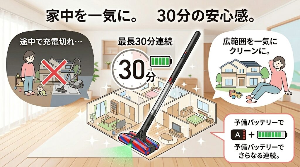 最長30分連続で動き、広範囲を一気に掃除できるペンシルバック(SV50 FC)